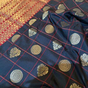 Black with red check Indian traditional soft silk saree for women